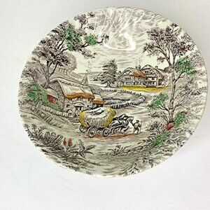 Staffordshire Brown Farm Scene Transferware Coupe Cereal Bowl Lot of 4 Colorful